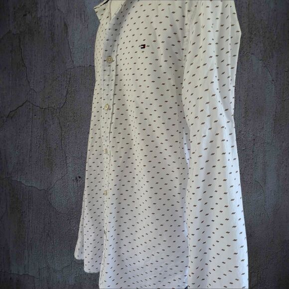 Men's TOMMY HILFIGER Shirt White Tan Print Button Up Long Sleeve Cotton Size S/P - Picture 3 of 7